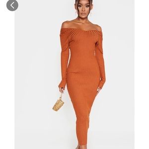 Rust off shoulder ribbed knitted mididress
